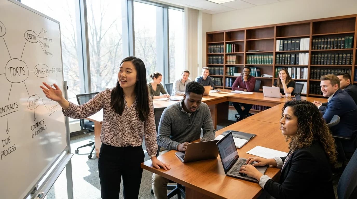 A diverse group of students actively engaged in a law class, with a presenter explaining legal concepts on a whiteboard in a bright, modern classroom.
