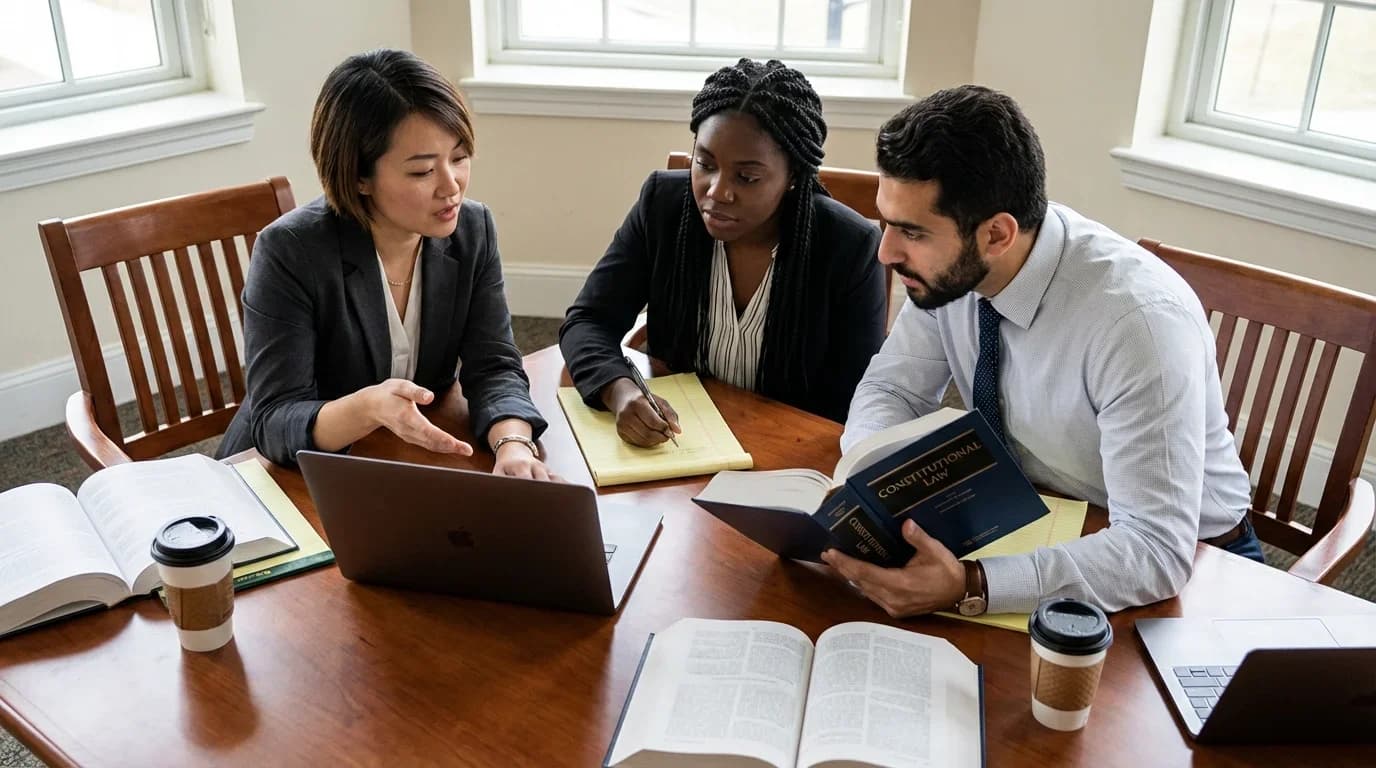 Three diverse individuals engage in a discussion over legal textbooks and a laptop in a bright, professional setting, emphasizing collaborative learning in law.