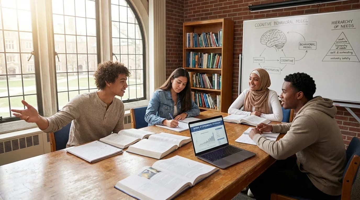 A diverse group of four students collaborates at a table, studying psychology concepts with books and a laptop in a bright, inviting classroom.