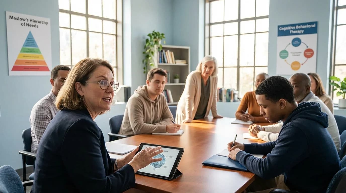 A diverse group of adults engaged in a psychology training session, discussing concepts like Maslow's Hierarchy of Needs and Cognitive Behavioral Therapy.