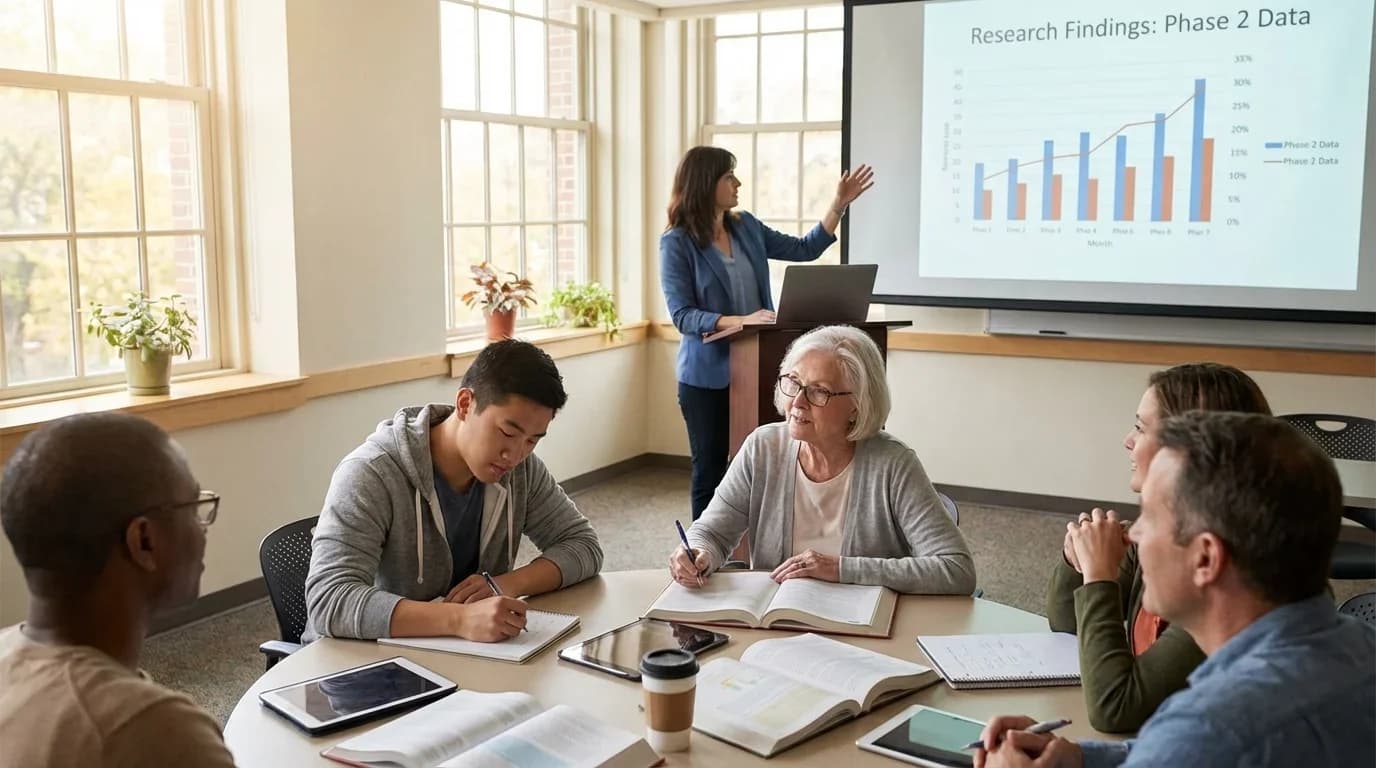 A diverse group of adults engages in a research methods training session, with a presentation displaying data analysis on a screen.