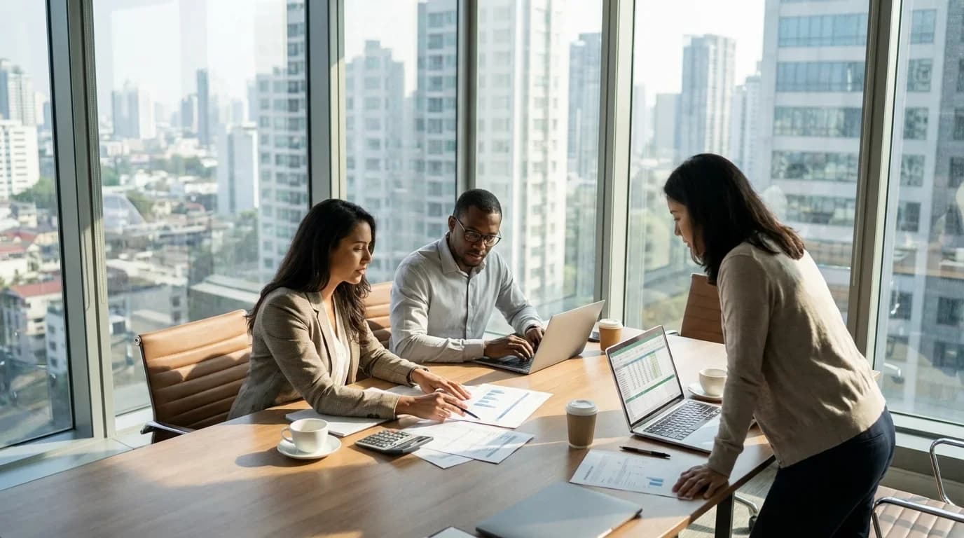 A diverse group of professionals collaborates in a modern office, analyzing financial documents and data on laptops, reflecting an engaging learning environmen…