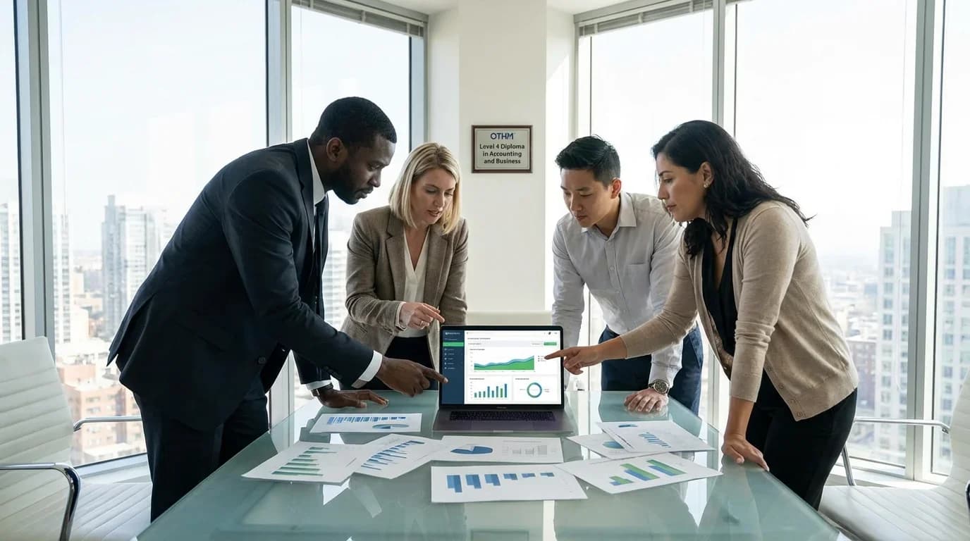 A diverse group of professionals collaborates around a laptop and documents, analyzing financial data in a modern office setting.