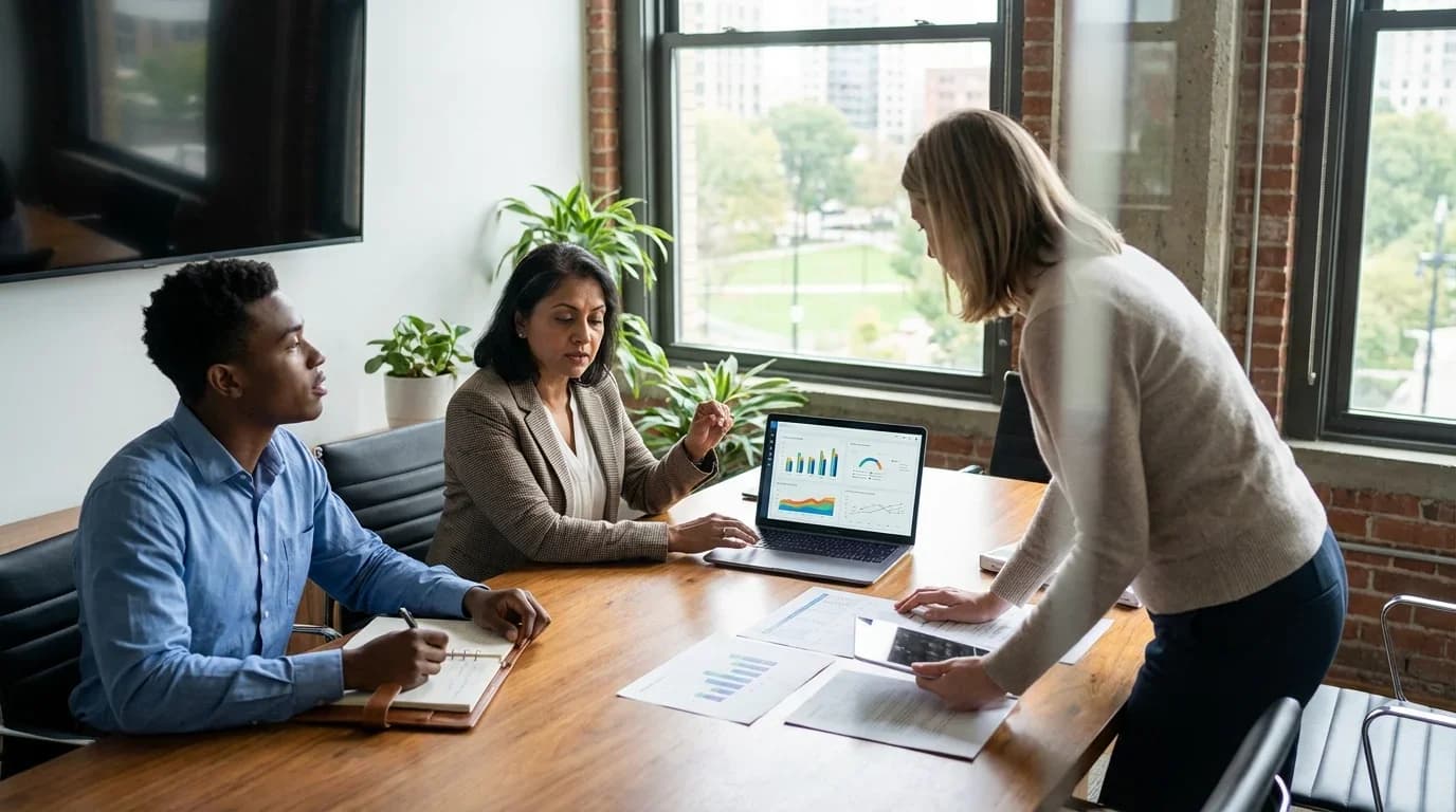 A diverse group of professionals collaborates at a table, analyzing financial data on a laptop and documents, reflecting a business training environment.