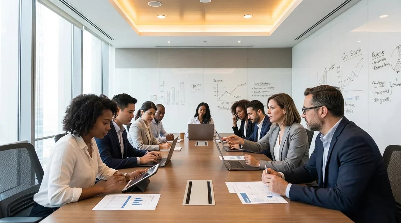 A diverse group of professionals collaborates in a modern conference room, discussing financial data and strategies for business growth.