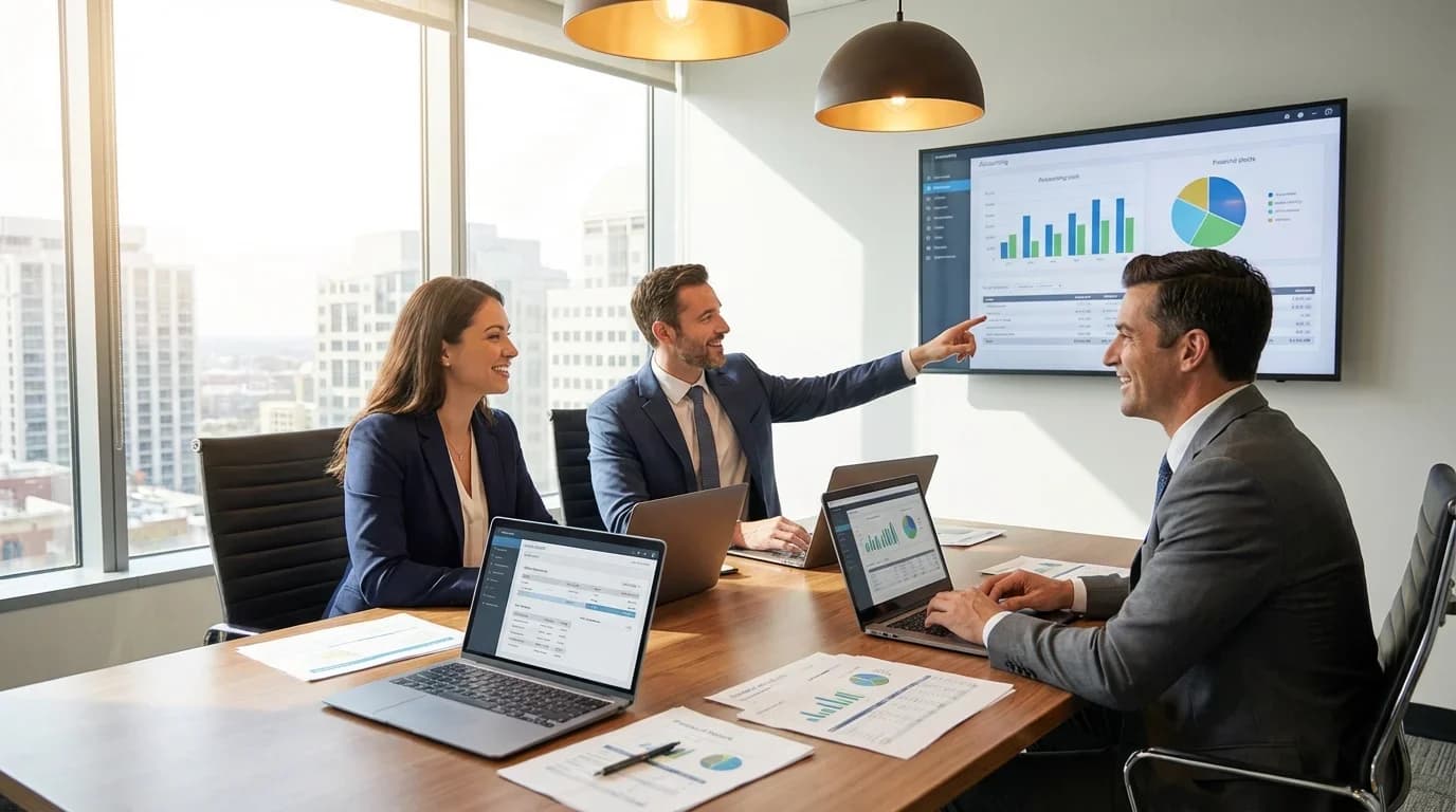 A group of professionals in business attire collaborates in a modern conference room, analyzing financial data on laptops and a screen.