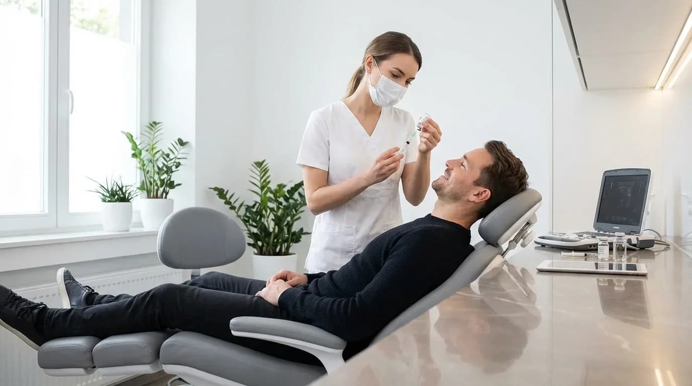 A healthcare professional administers an injectable treatment to a relaxed male patient in a modern clinical setting.