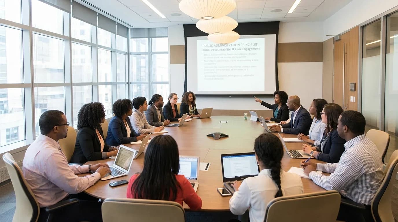 A diverse group of professionals engaged in a meeting around a conference table, discussing public administration principles with laptops and a presentation sc…