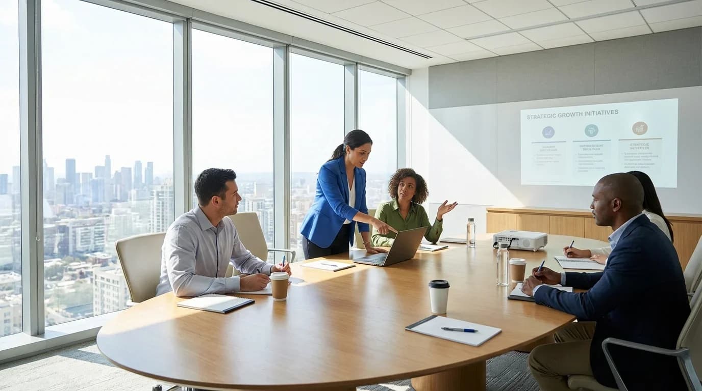 A diverse group of professionals collaborates in a modern conference room, discussing strategic growth initiatives with a laptop and projector.