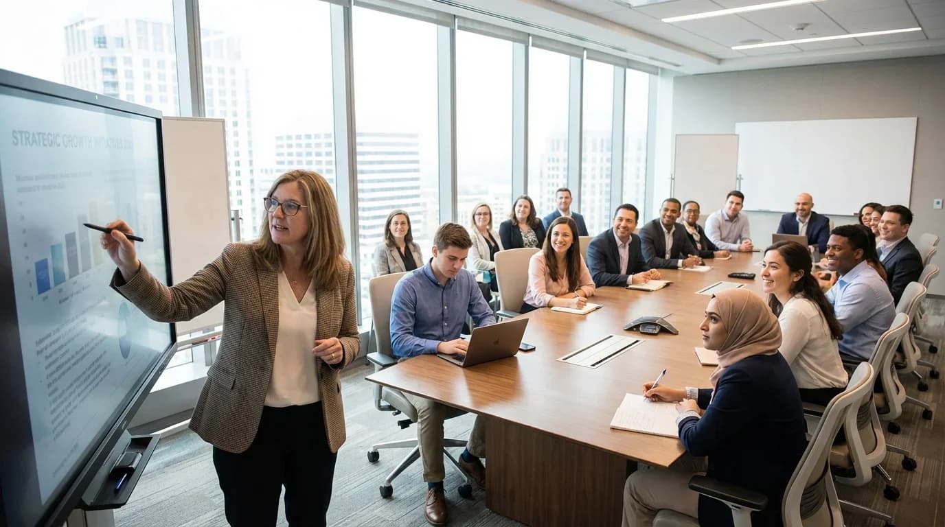 A diverse group of professionals engages in a business meeting, focusing on a presentation about strategic growth initiatives.