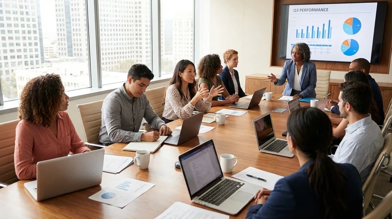 A diverse group of professionals engaged in a business meeting, discussing performance metrics with laptops and charts in a modern conference room.