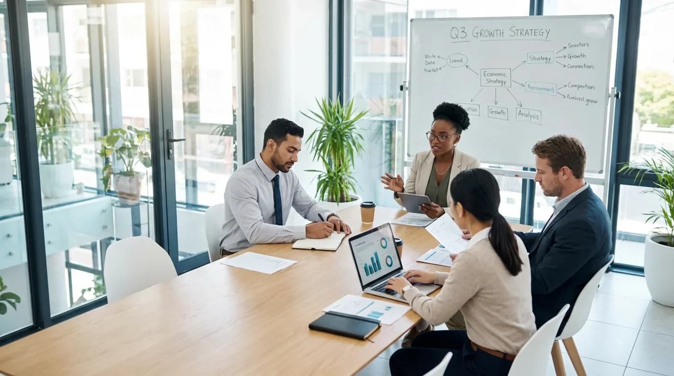 A diverse group of professionals collaborates in a bright meeting room, discussing business strategies with laptops and documents on a wooden table.