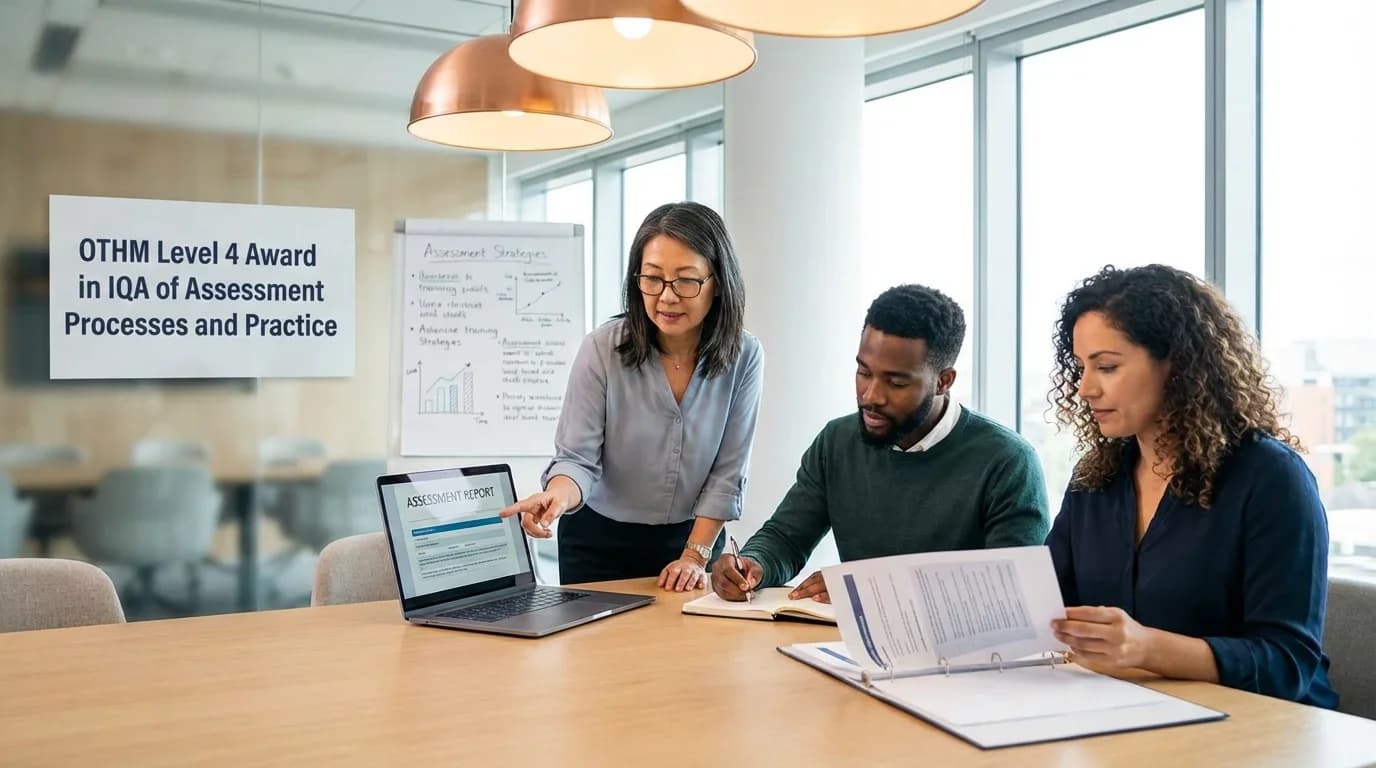 A diverse group of professionals collaborates at a table, reviewing assessment reports and strategies in a bright, modern training environment.