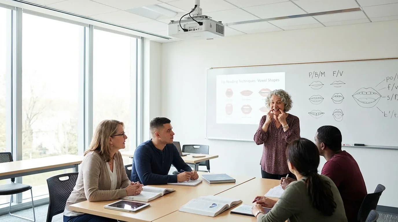 A diverse group of students attentively learns lip-reading techniques from an instructor in a bright classroom setting.