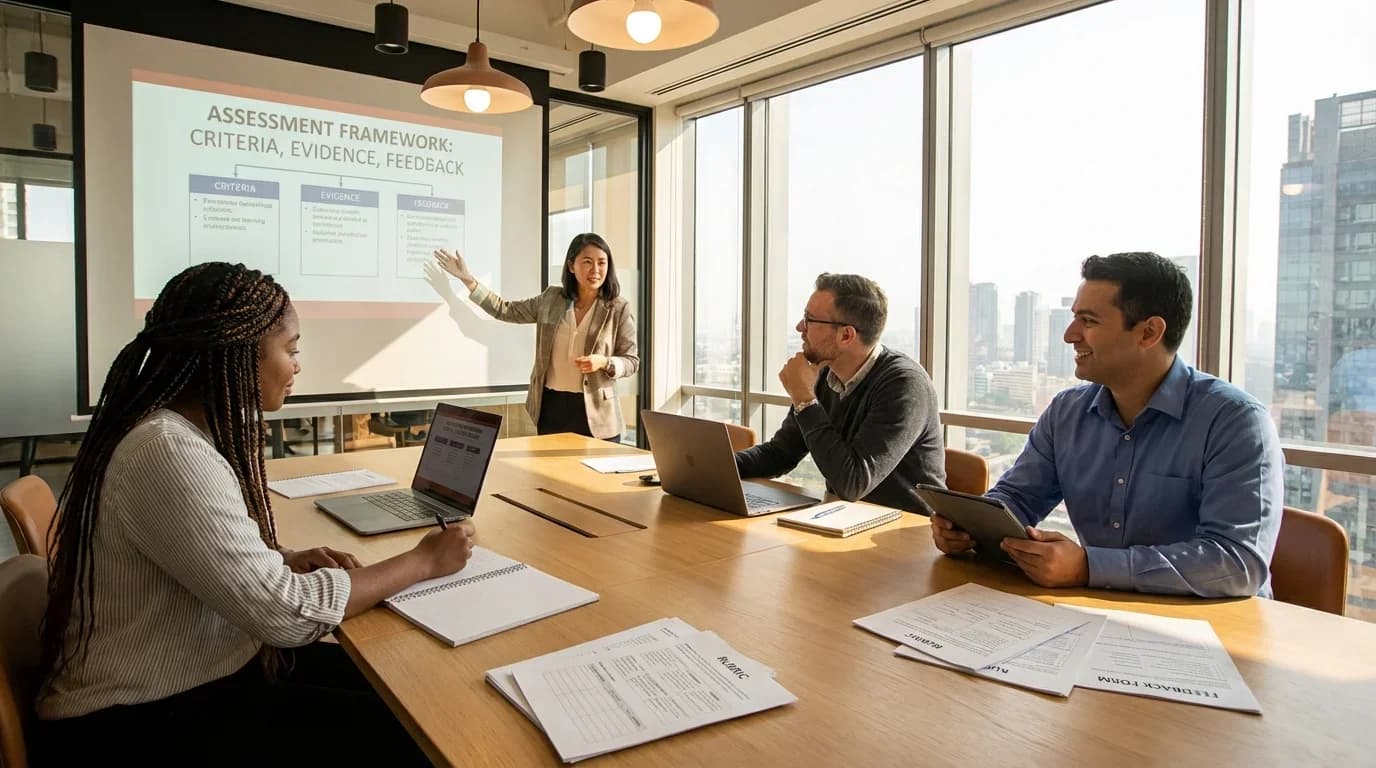 A diverse group of professionals engages in a training session on assessment frameworks in a modern conference room, with laptops and presentation materials.