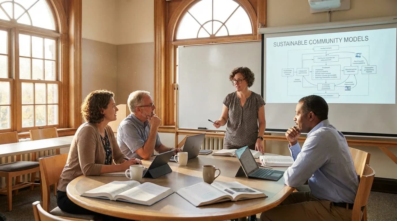A diverse group of four adults engaged in a collaborative discussion around a table, with a presentation on sustainable community models projected in the backg…