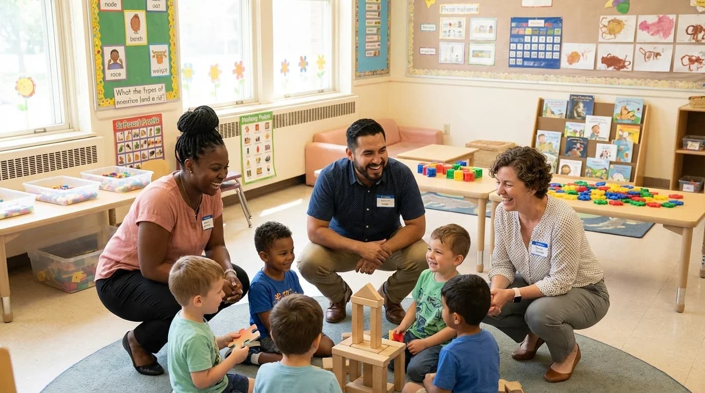 A diverse group of adults engages with young children in a bright classroom, fostering interactive learning through play and collaboration.