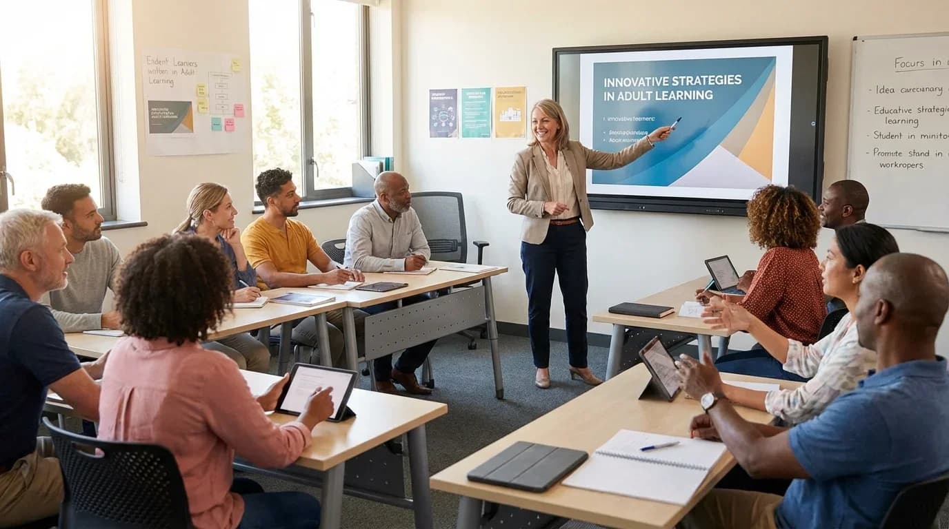 A diverse group of adults engaged in a training session, with a facilitator presenting innovative strategies for adult learning using a digital display.