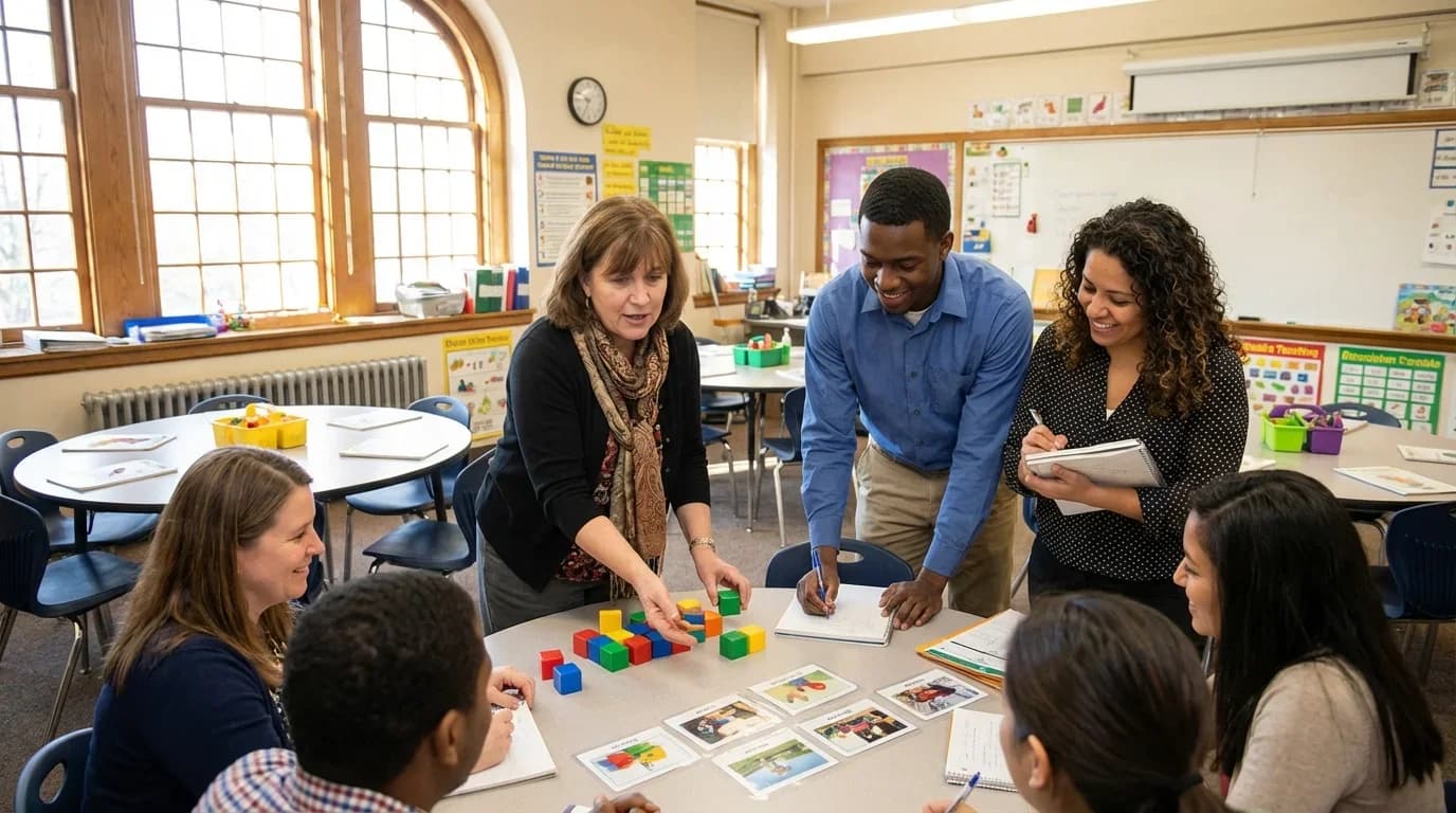 A diverse group of educators collaborates around a table with learning materials, emphasizing interactive teaching strategies for SEND learners.