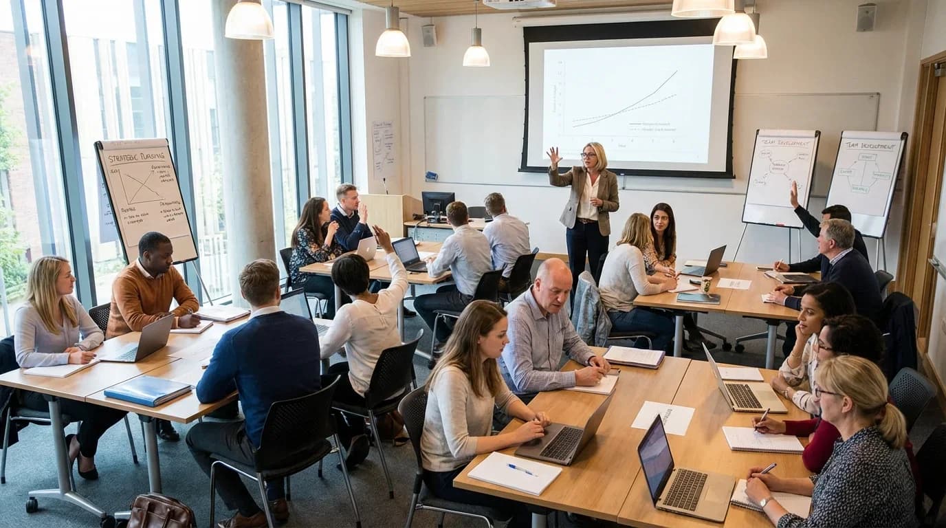 A diverse group of professionals engage in a training session, collaborating at tables with laptops, while a presenter leads a discussion on educational strate…