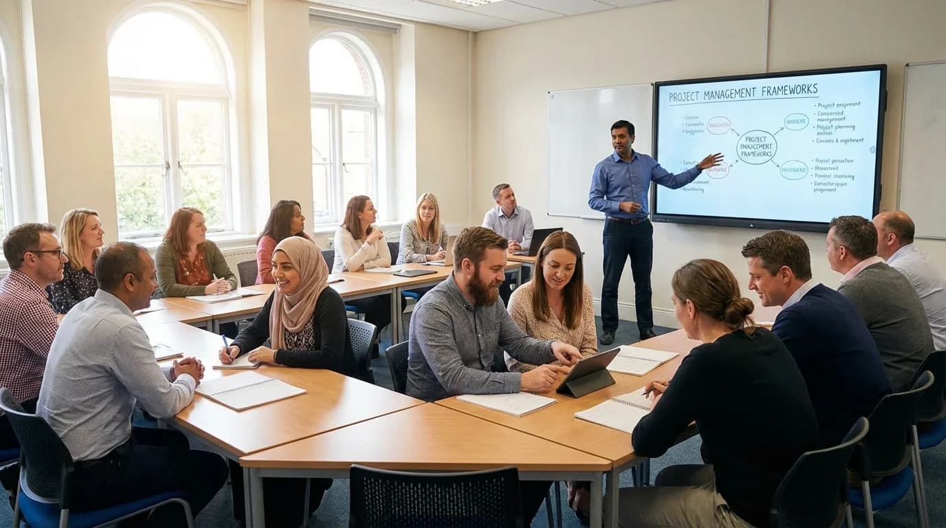 A diverse group of adults engaged in a training session, collaborating around tables with a presentation on project management frameworks in a bright classroom.