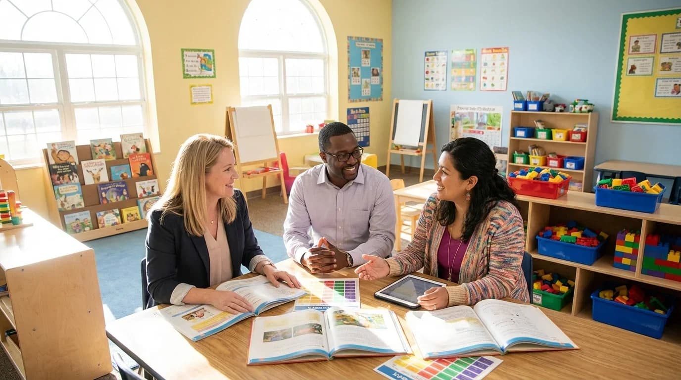 Three educators collaborate around a table in a colorful classroom, discussing early childhood education resources and strategies.