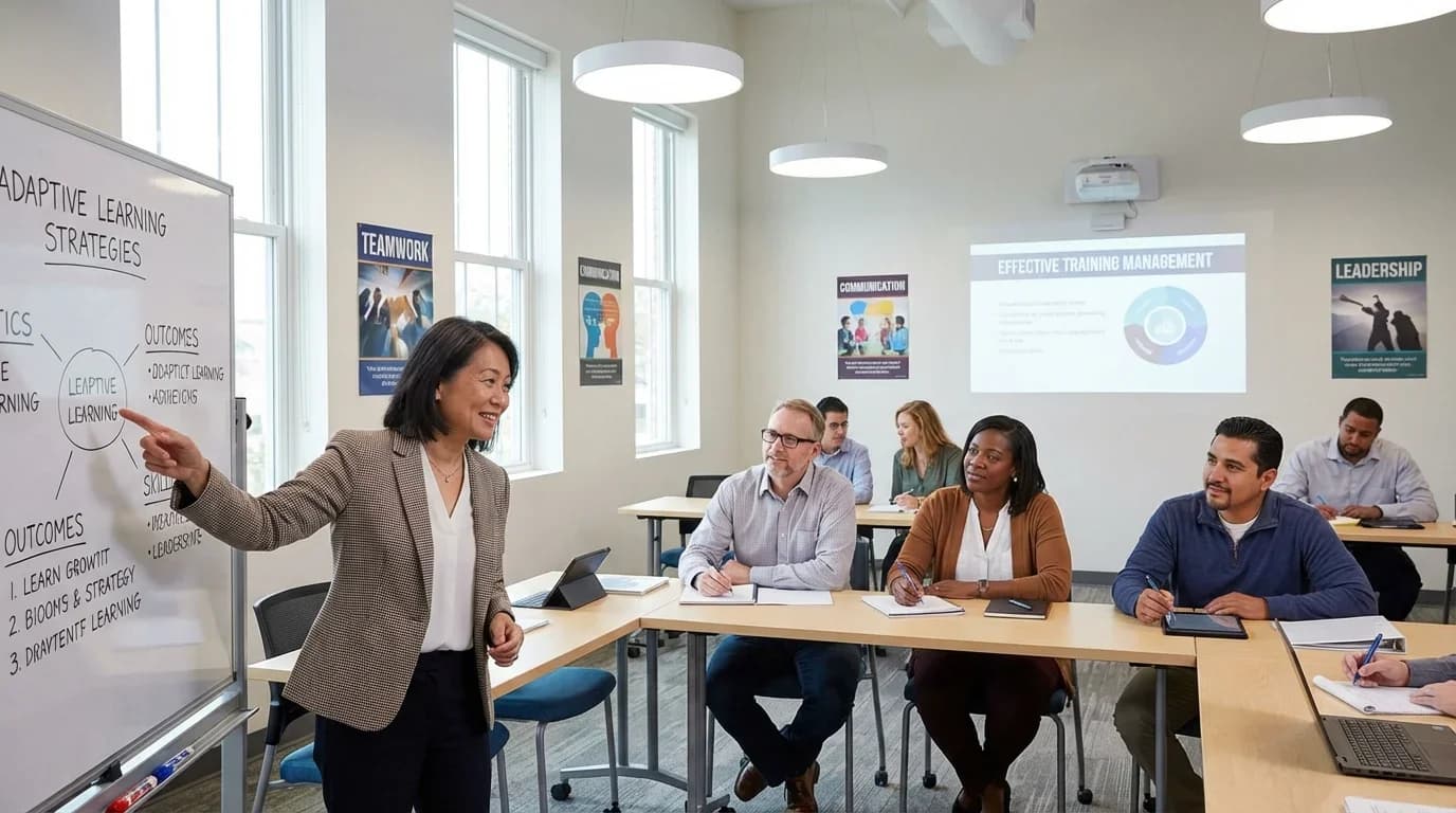 A diverse group of adults engaged in a classroom setting, with a facilitator presenting adaptive learning strategies on a whiteboard.