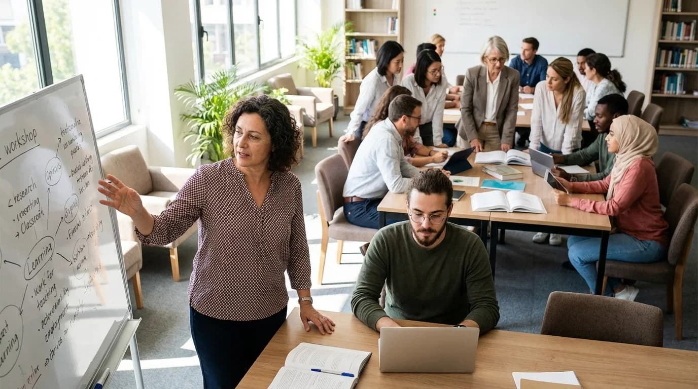 A diverse group of learners engages in a collaborative workshop, with one instructor presenting concepts on a whiteboard in a bright classroom setting.