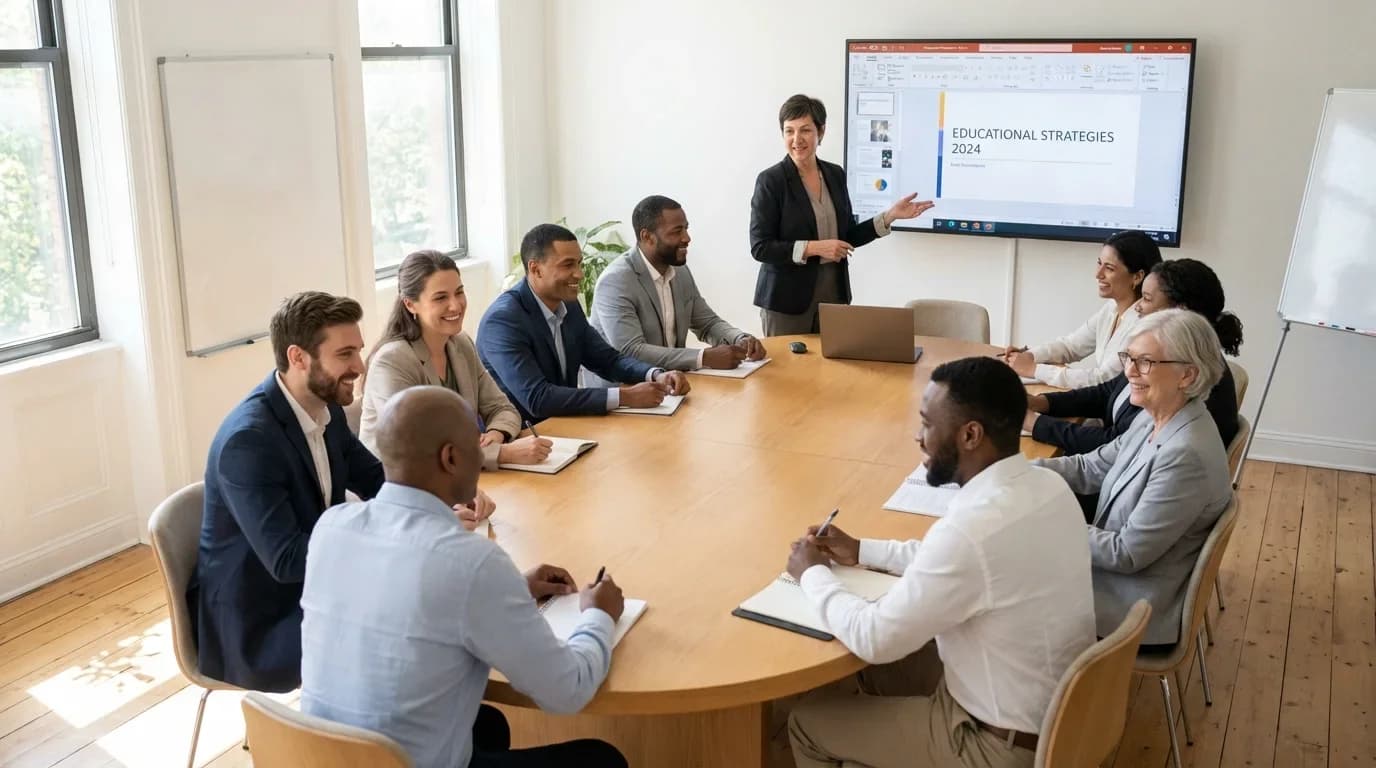 A diverse group of professionals engaged in a meeting, discussing educational strategies, with a presentation displayed on a screen.