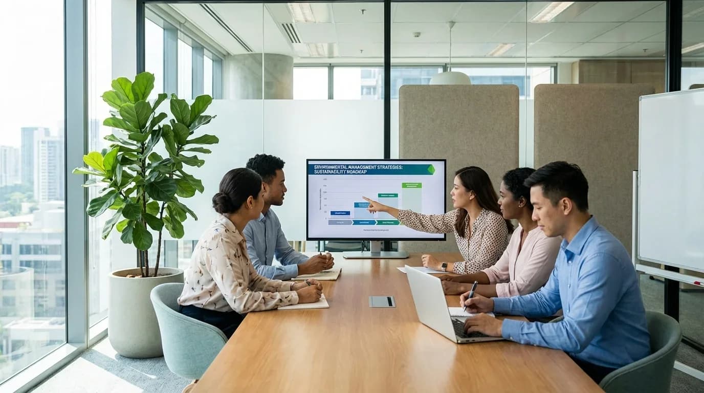 A diverse group of professionals engaged in a meeting, discussing environmental management strategies displayed on a screen in a modern office setting.