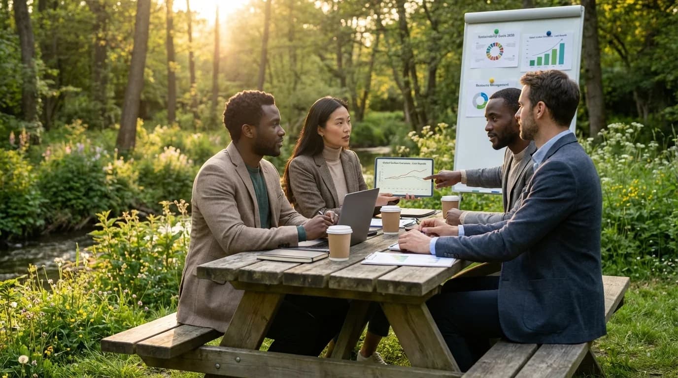 A diverse group of professionals collaborates outdoors at a picnic table, discussing sustainability data with charts and laptops in a serene natural setting.