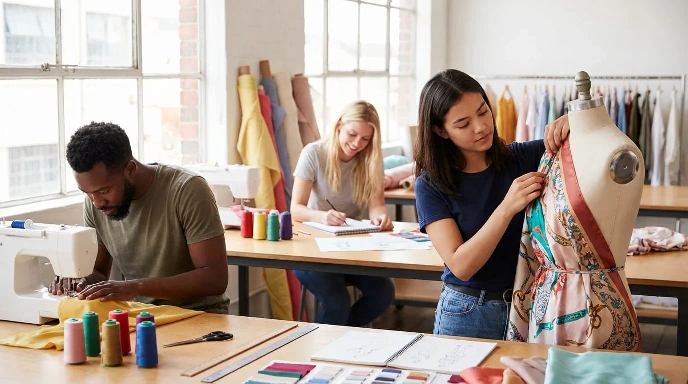 Students engage in fashion design and sewing in a bright studio, showcasing creativity and hands-on learning in textiles.
