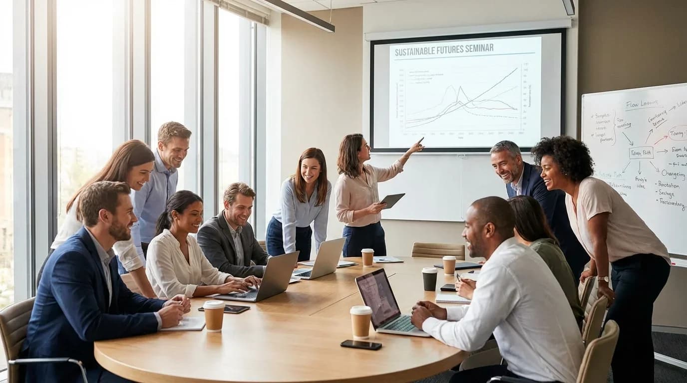 A diverse group of professionals collaborates in a bright meeting room, engaging with laptops and a presentation on sustainable futures.