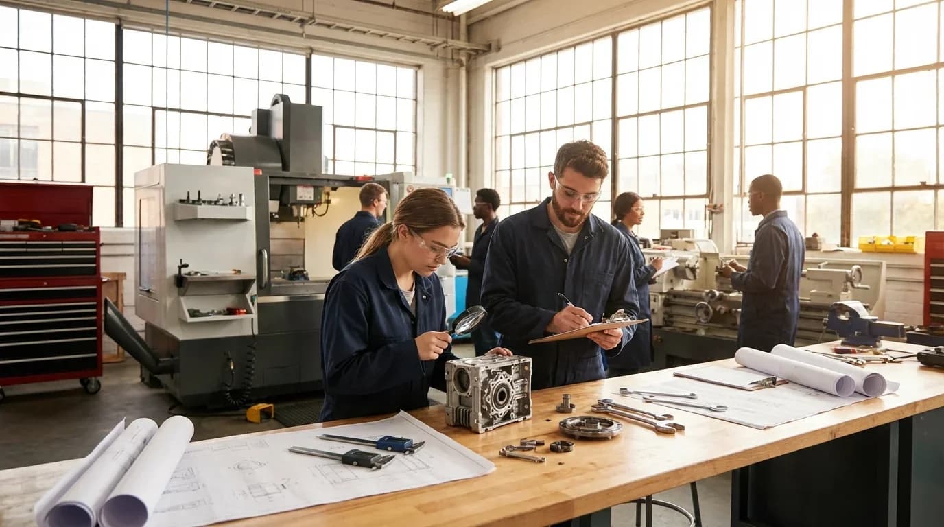 Students in a workshop collaborate on engineering projects, using tools and machinery, highlighting hands-on learning in the OTHM Level 3 Diploma.