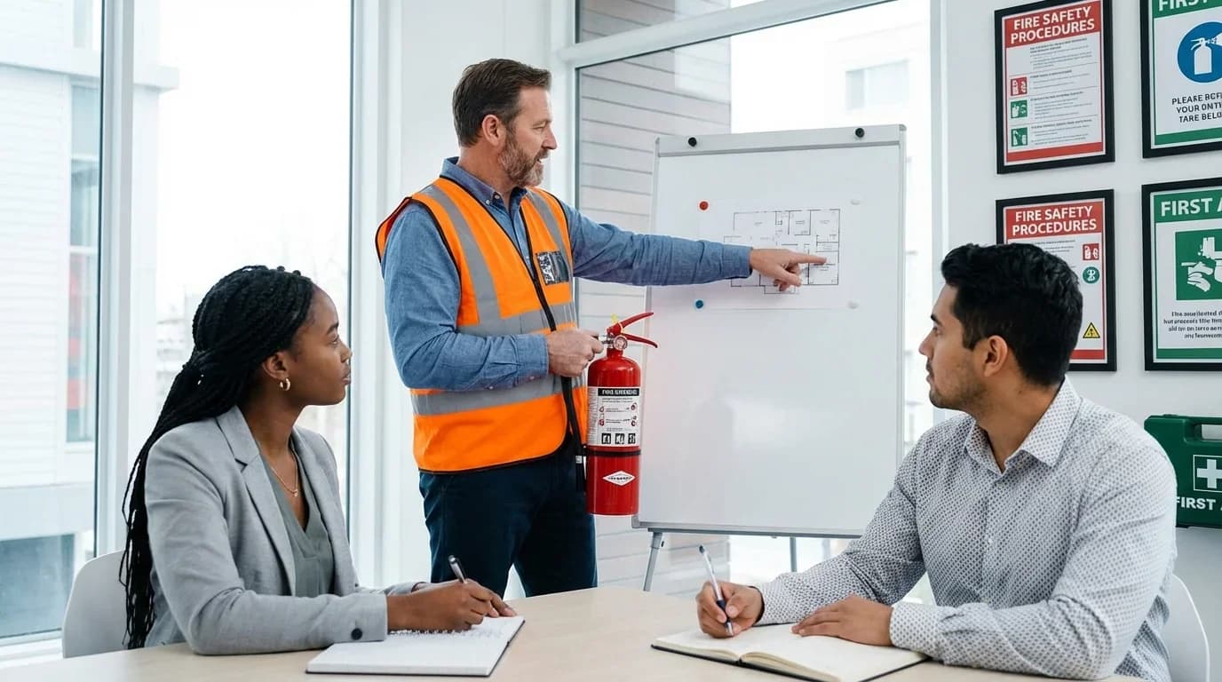 A safety instructor in an orange vest explains a fire safety plan to two attentive trainees in a well-lit meeting room.