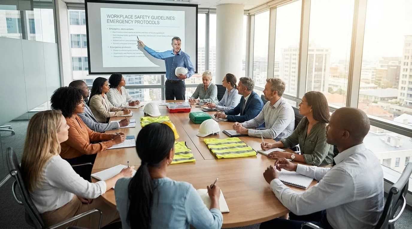 A diverse group of professionals attentively engages in a safety training session, with a presenter discussing emergency protocols in a modern conference room.