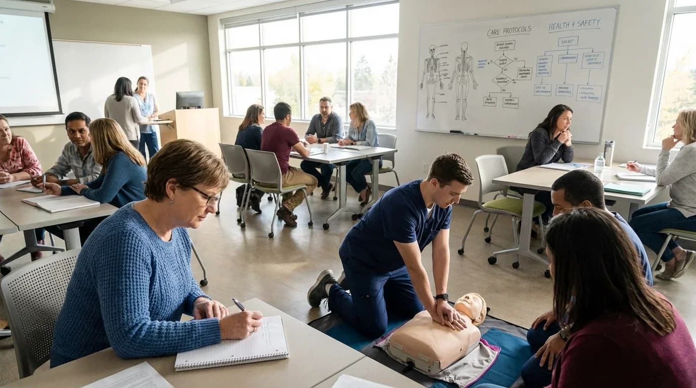 Students engage in hands-on CPR training in a classroom setting, emphasizing practical skills for health and social care education.