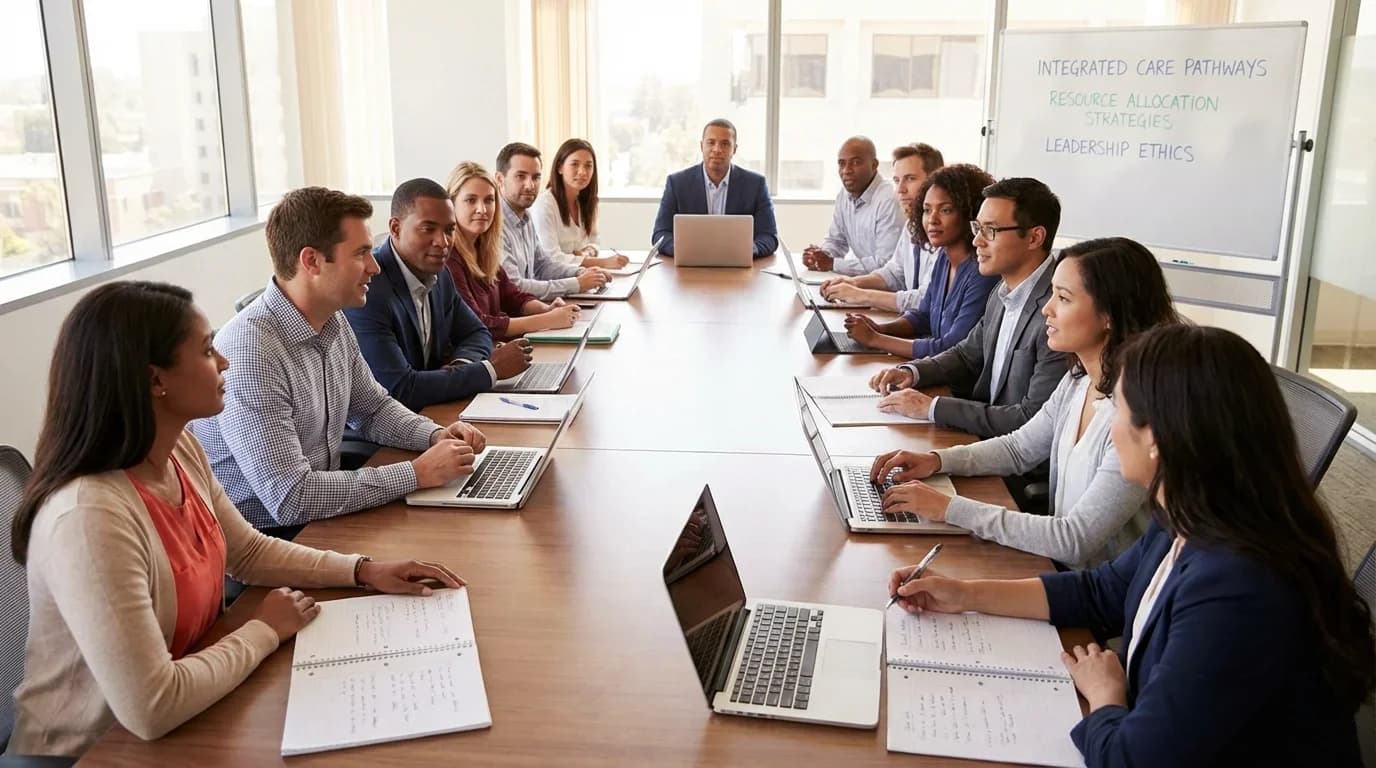 A diverse group of professionals engaged in a collaborative meeting around a conference table, focusing on health and social care management topics.