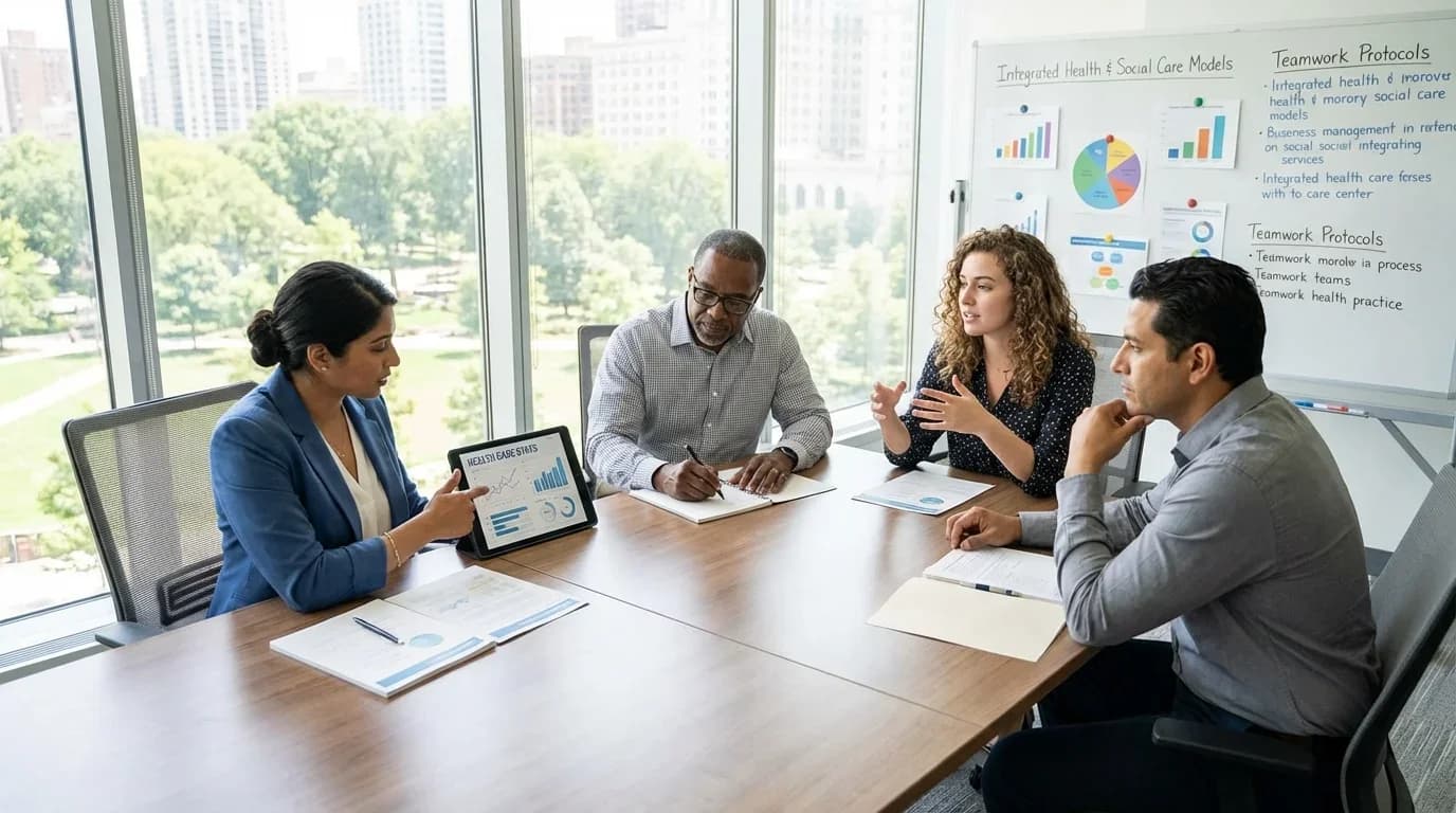 A diverse group of professionals collaborates in a modern conference room, discussing health and social care management strategies with charts and notes.