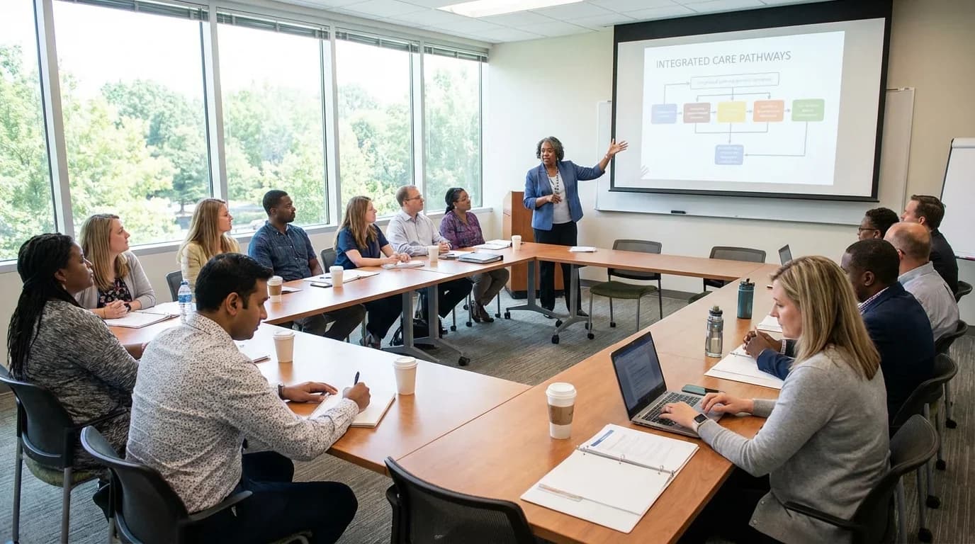 A diverse group of professionals engaged in a training session, focusing on integrated care pathways, in a modern conference room.
