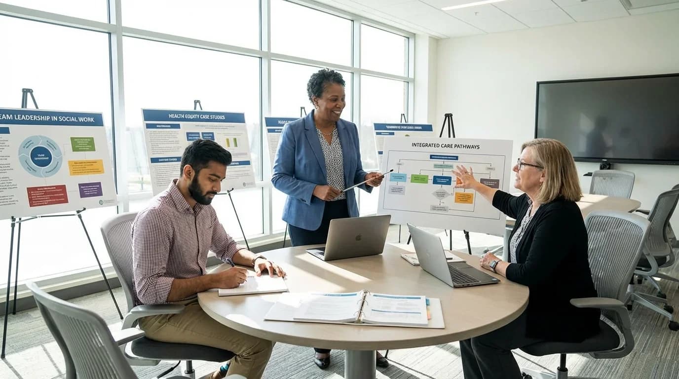 A diverse group of professionals engage in a collaborative meeting, discussing health management strategies with visual aids in a modern conference room.