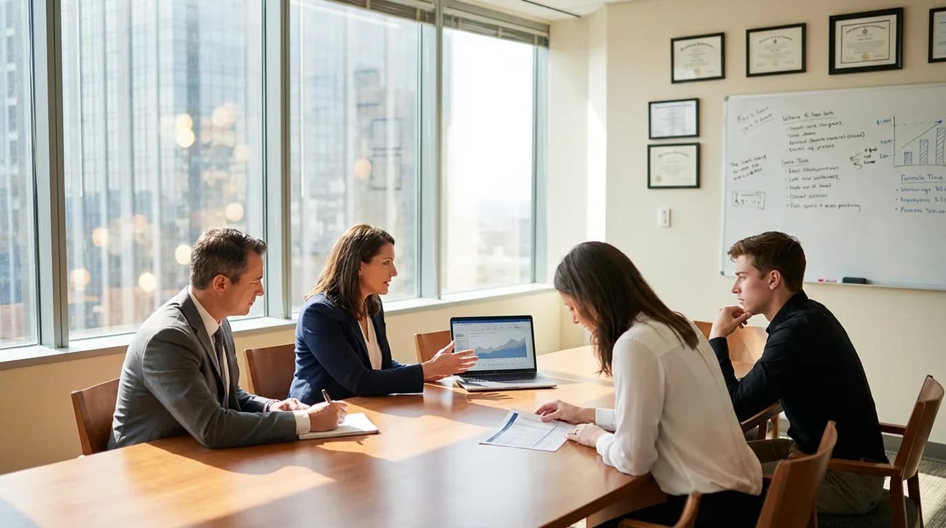 A diverse group of professionals engaged in a discussion around a table, analyzing data on a laptop in a bright, modern office setting.