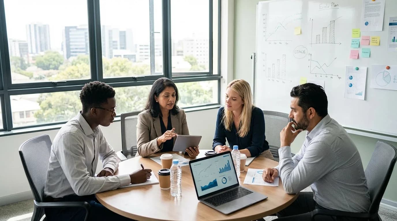 A diverse group of professionals collaborates around a table, analyzing data on a laptop and discussing strategies in a bright, modern office setting.