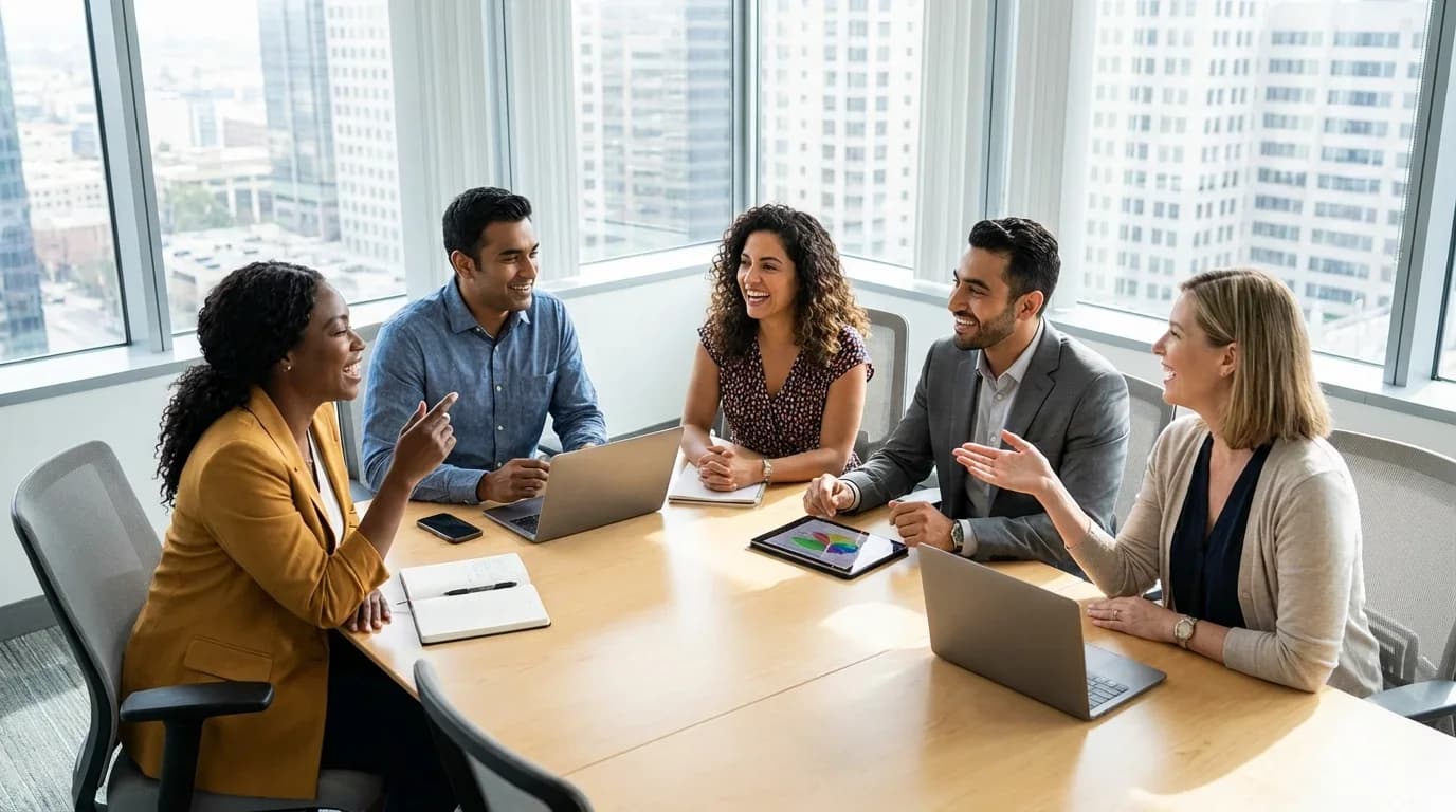 A diverse group of professionals engage in a collaborative discussion around a conference table, highlighting themes of equality and inclusion.