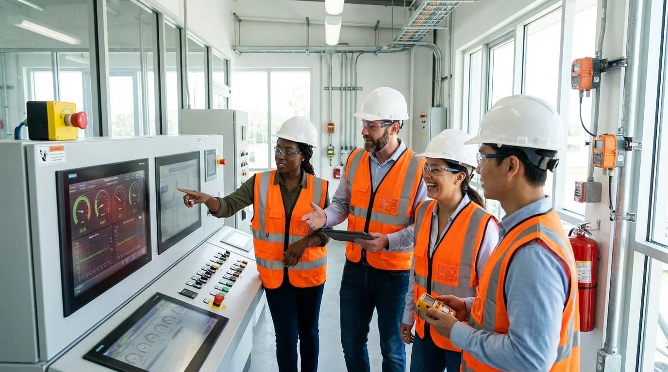 A diverse group of professionals in safety gear engages with control panels, highlighting teamwork in process safety management training.