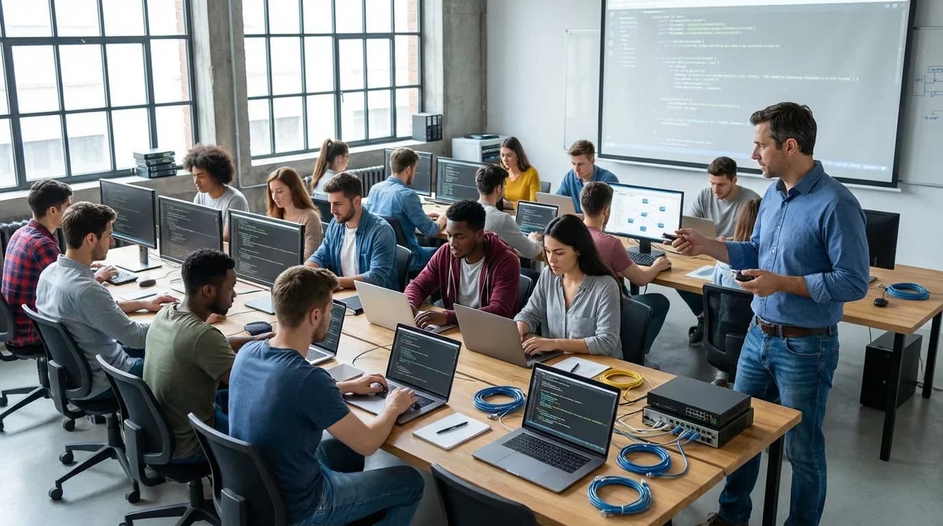 A classroom filled with students engaged in coding on laptops, guided by an instructor, highlighting hands-on learning in information technology.