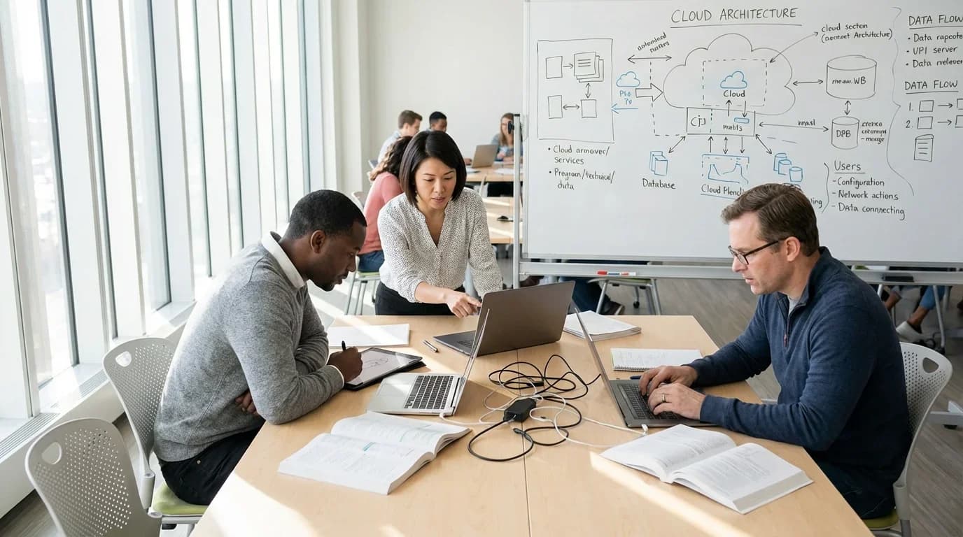 A diverse group of professionals collaborates at a table, engaging with laptops and notes, focused on cloud architecture concepts in a bright training room.