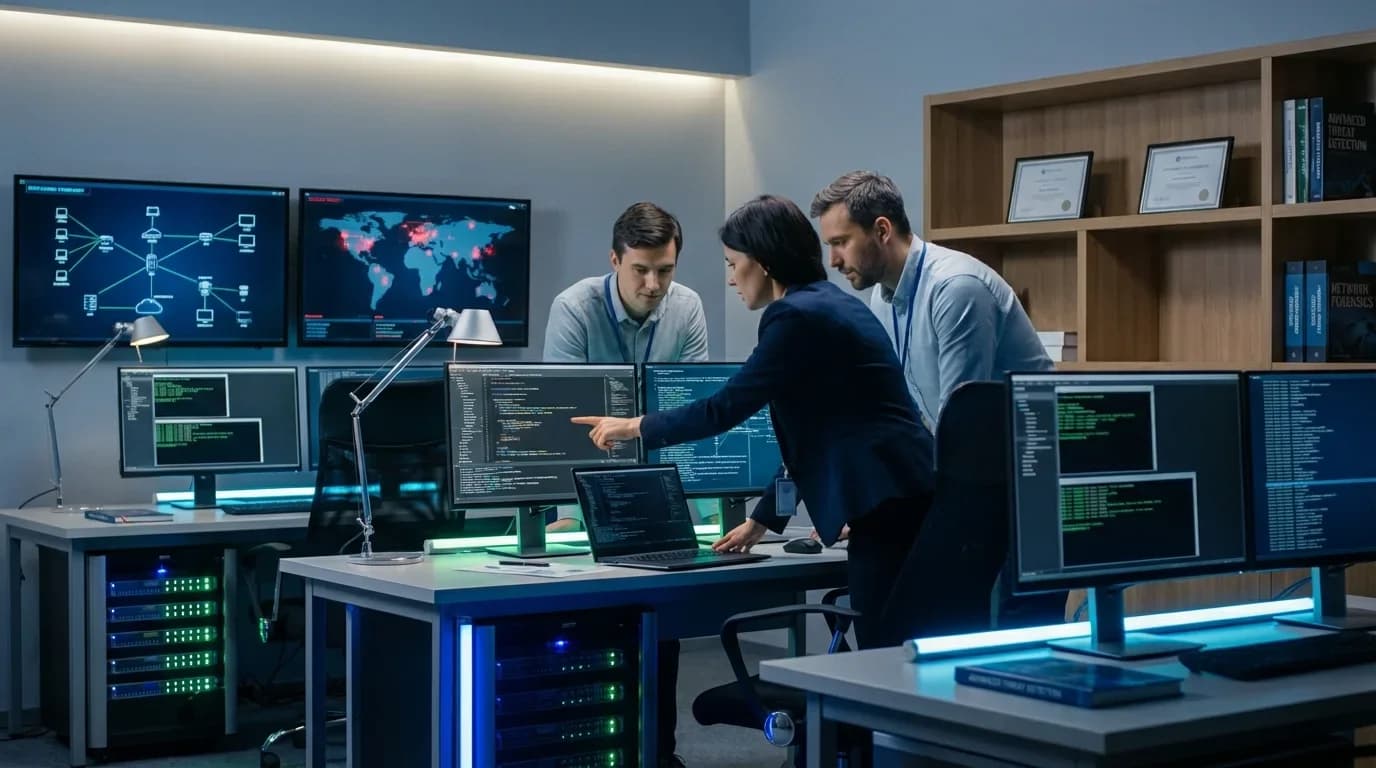 A diverse group of professionals collaborates in a modern cybersecurity lab, analyzing data on multiple screens, highlighting a focus on technical training.