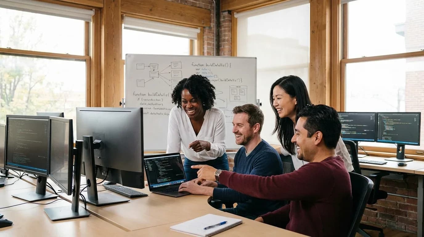 A diverse group of four professionals collaborates around computers, discussing coding projects in a bright, modern workspace.