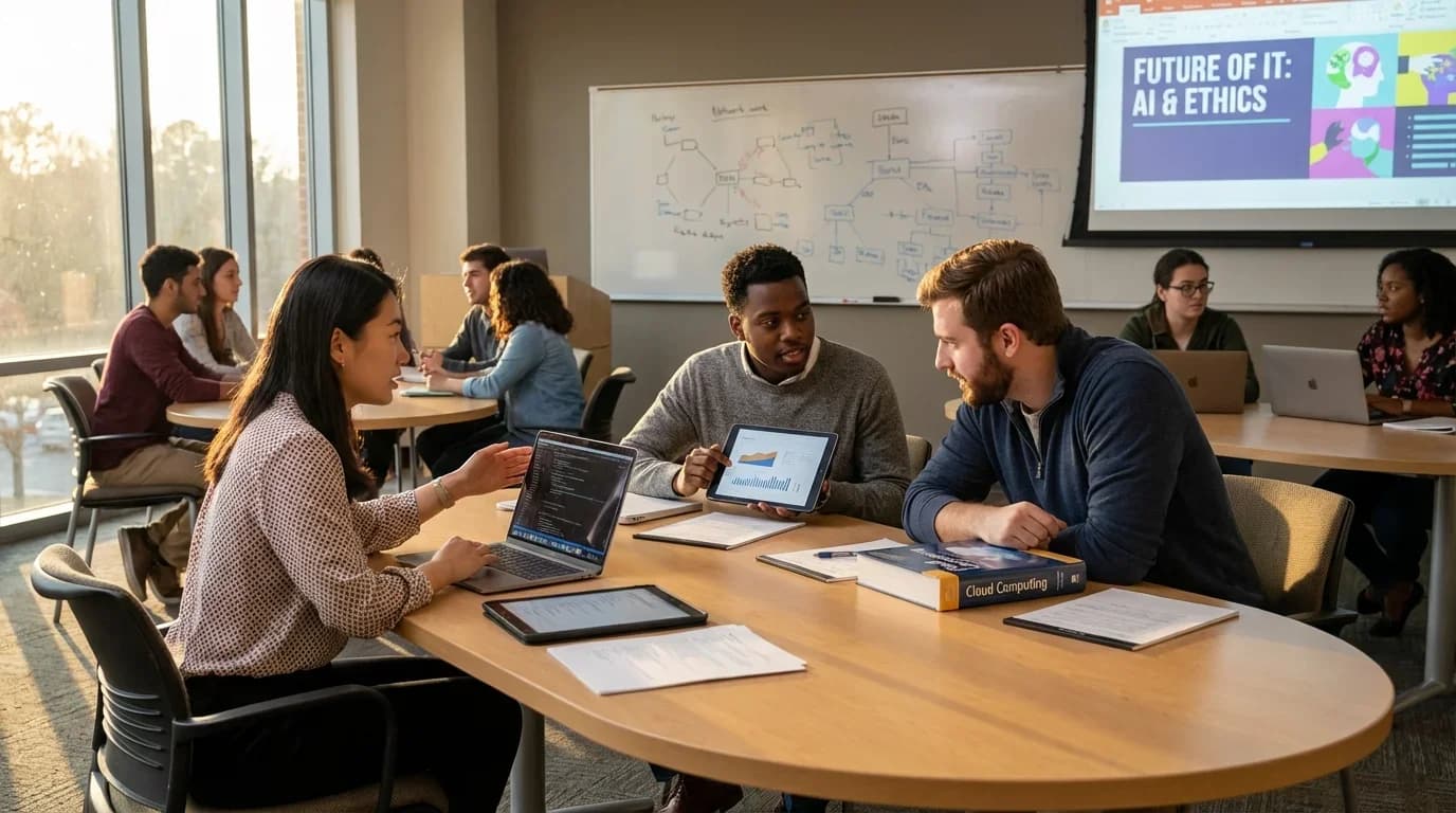 Diverse group of students engaged in collaborative learning about IT, using laptops and tablets in a modern classroom setting.